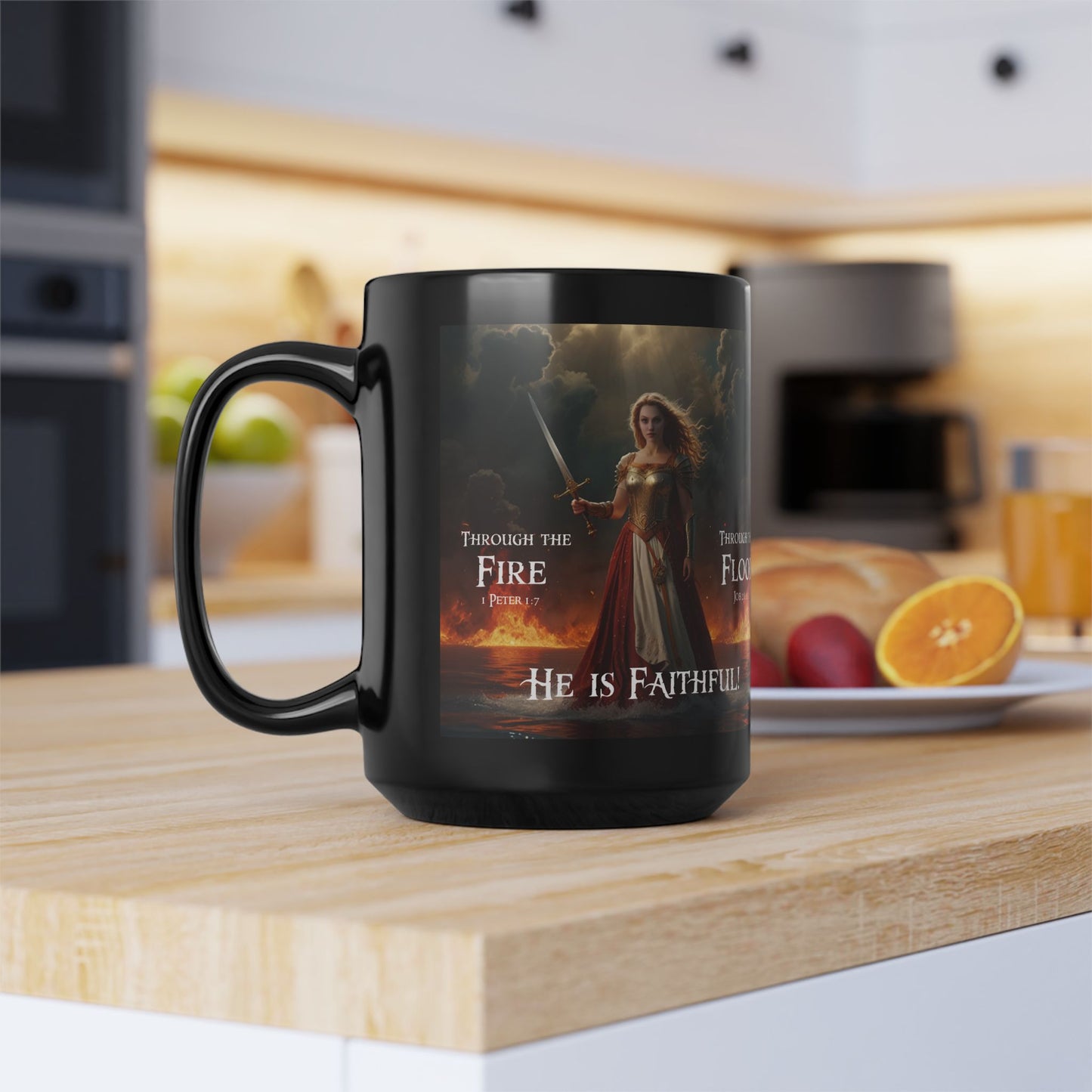 "Through the Fire and Flood" 1 Peter 1:7, Job 28:11 Black Ceramic Mug