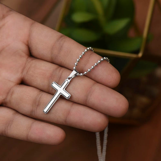 "Men of Might, Men of War, Fit for the Battle" 1 Chronicles 12:8 Stainless Cross Necklace with Ball chain