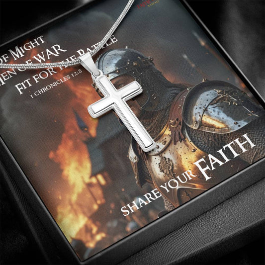 "Men of Might, Men of War, Fit for the Battle" 1 Chronicles 12:8  Stainless Steel Cross Necklace